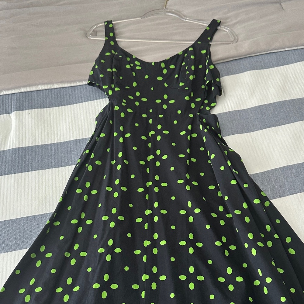 Topshop Black Midi Dress with Vibrant Green Spots